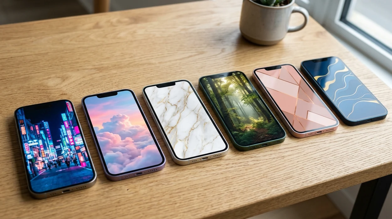 custom AI phone wallpaper examples on several modern iPhones