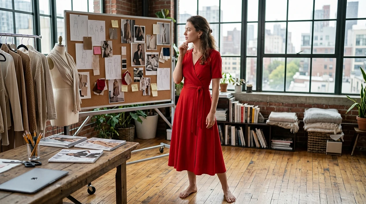 AI outfit edit showing a red dress generated on an existing portrait