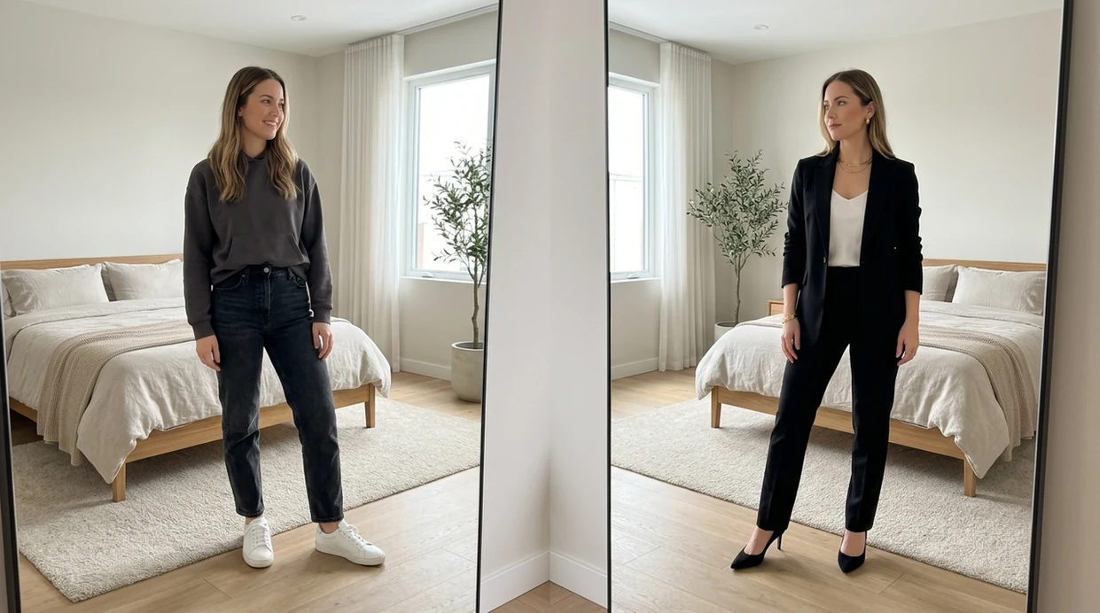 app that changes clothes in photo showing casual outfit changed to blazer