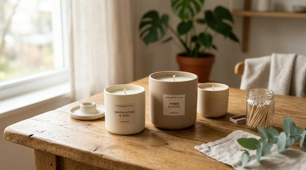 AI generated lifestyle product photo with candles on wooden table