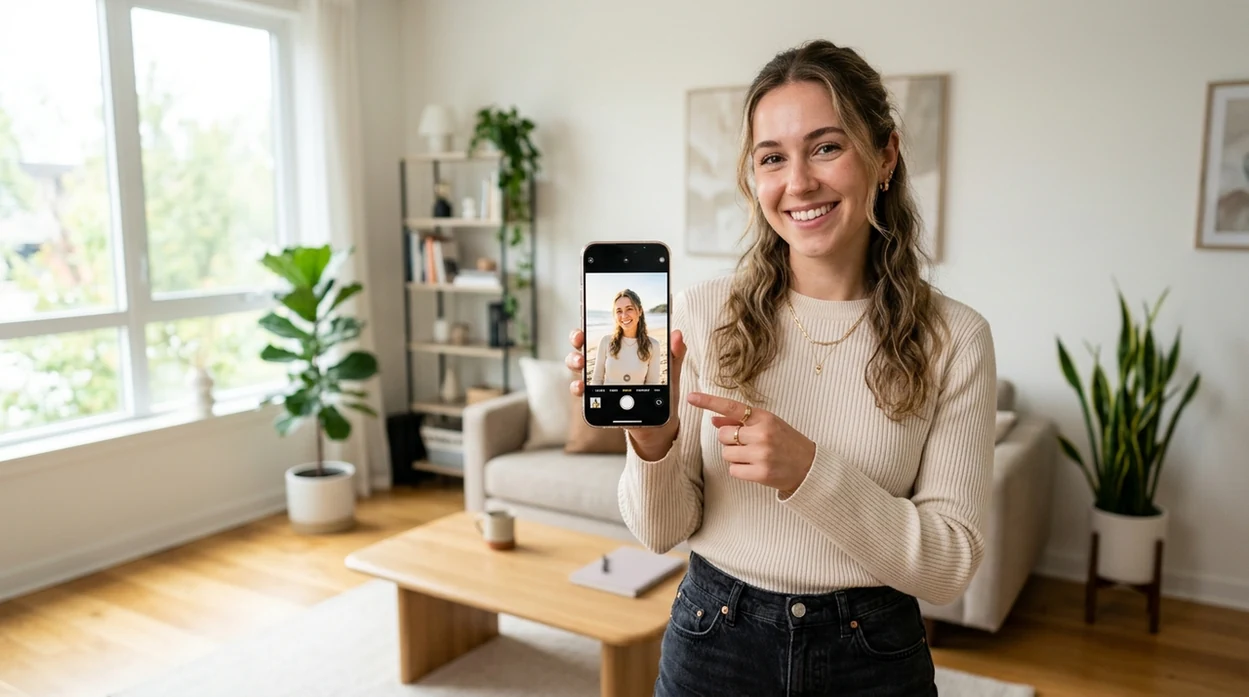 clean AI photo edit result on iPhone in a modern home