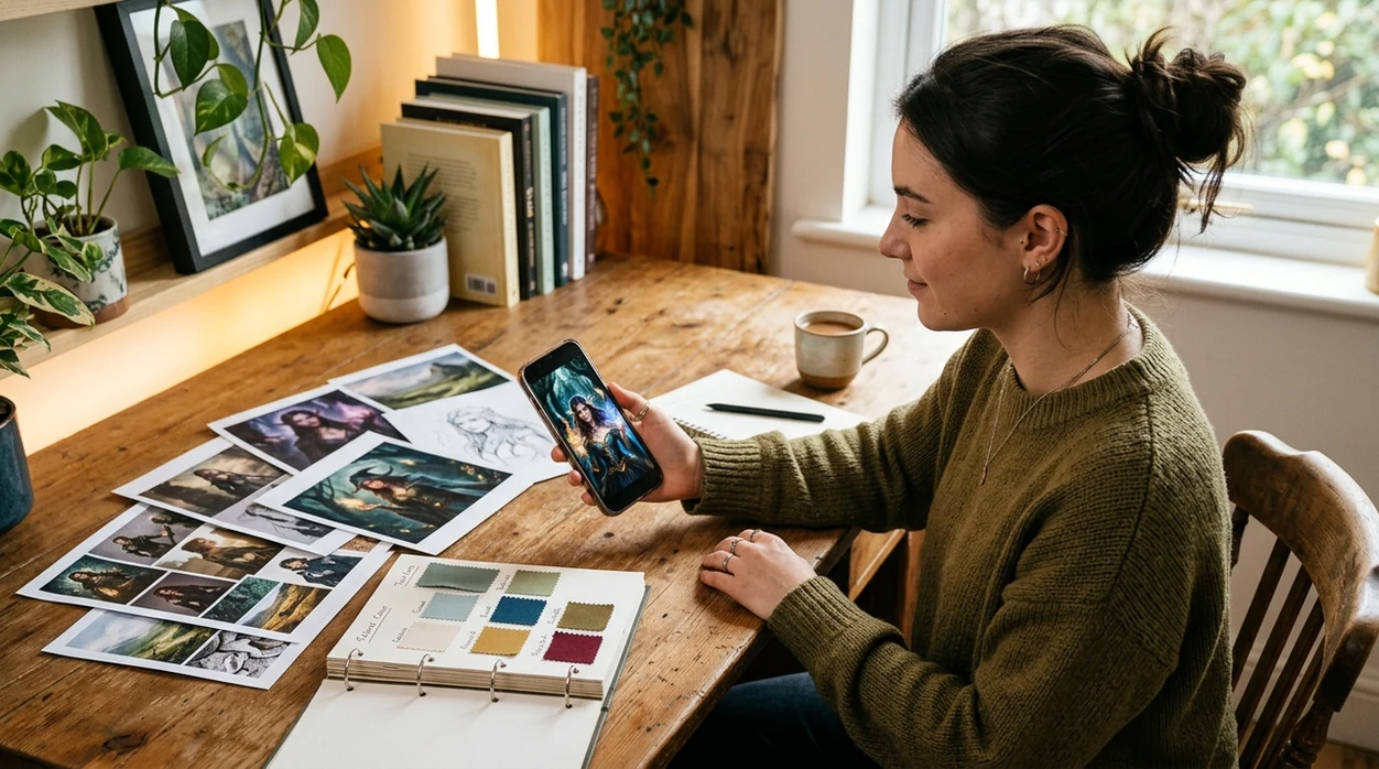 creator viewing finished AI art portrait on an iPhone