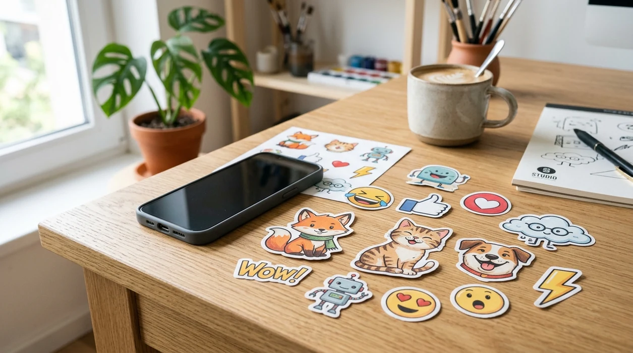 custom AI sticker characters arranged on a modern creative desk