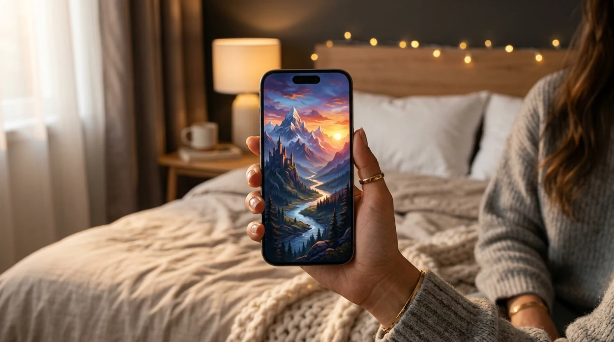 custom fantasy AI wallpaper displayed on an iPhone in hand