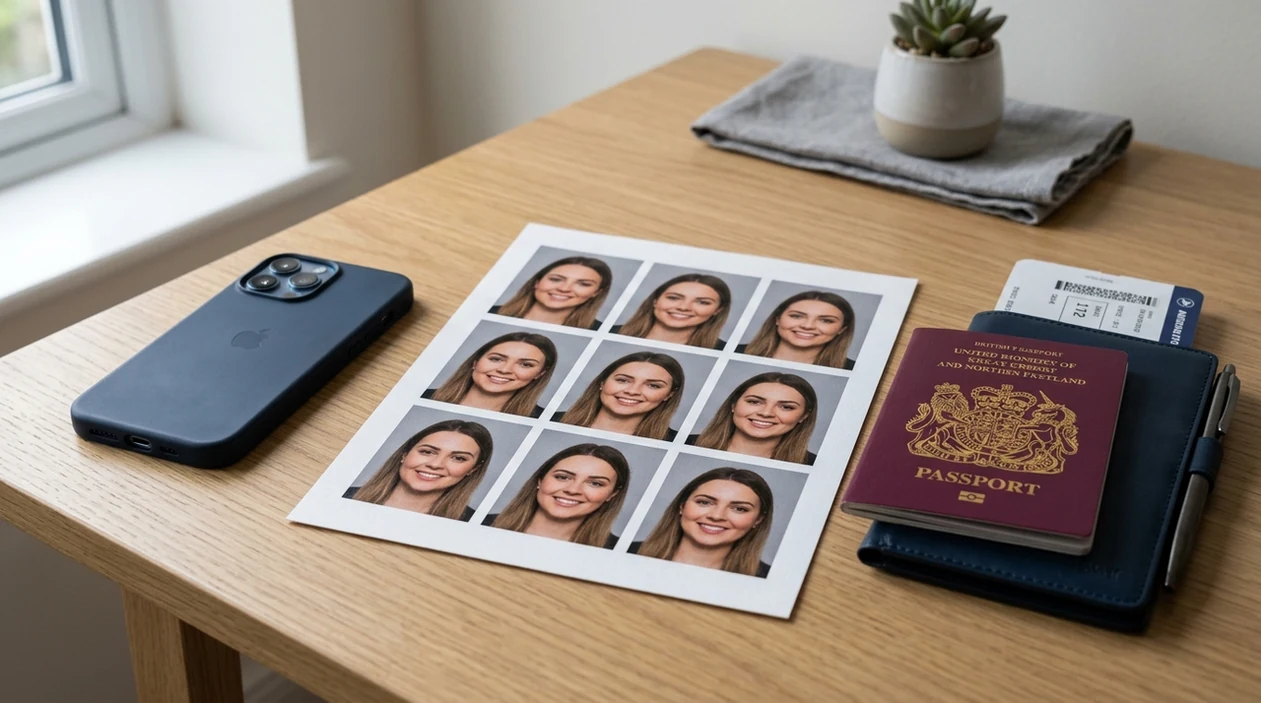 finished passport-style photo prints beside an iPhone on a desk