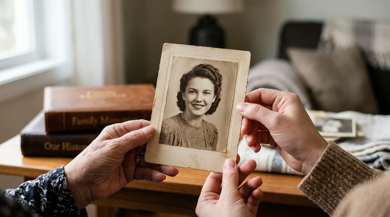 restored vintage face photo held above family photo albums