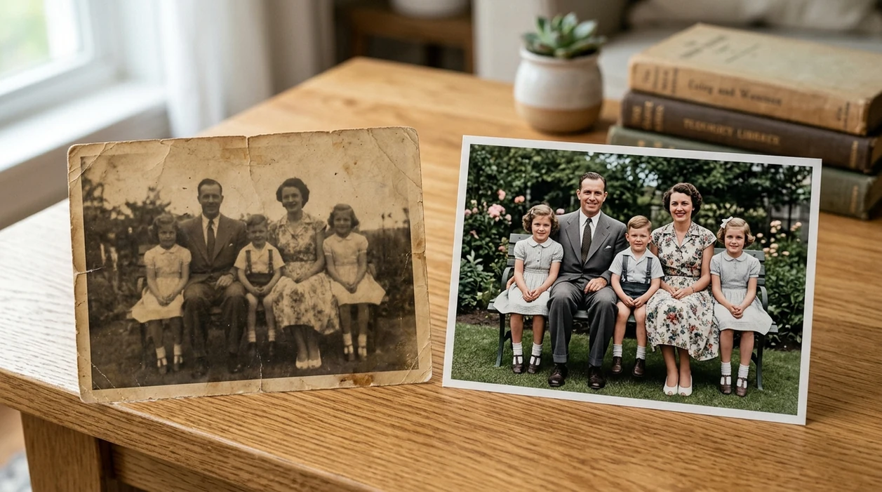 app that restores old photos showing a cleaner vintage family portrait