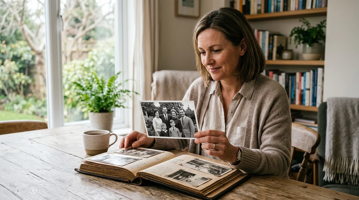 restored old family photo held beside a vintage photo album