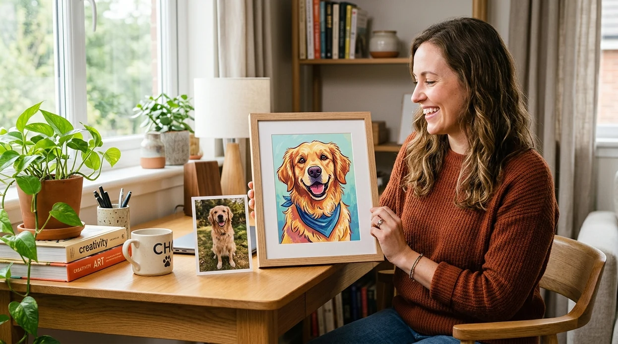 cartoon pet portrait created from a real dog photo