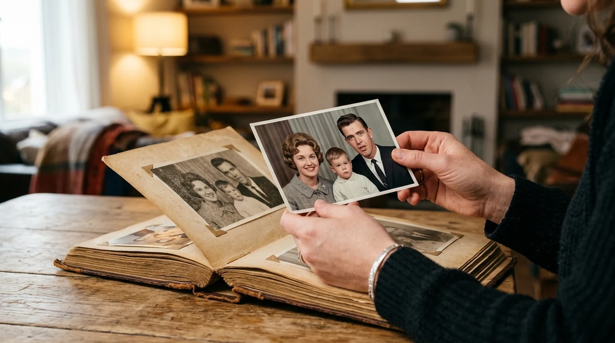 restored family photo with clearer faces and sharper details