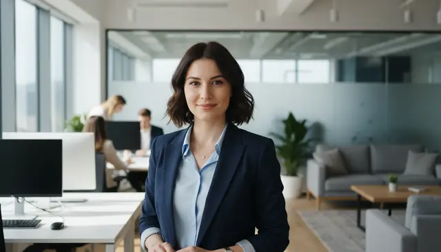 AI background replacement placing person in modern office environment