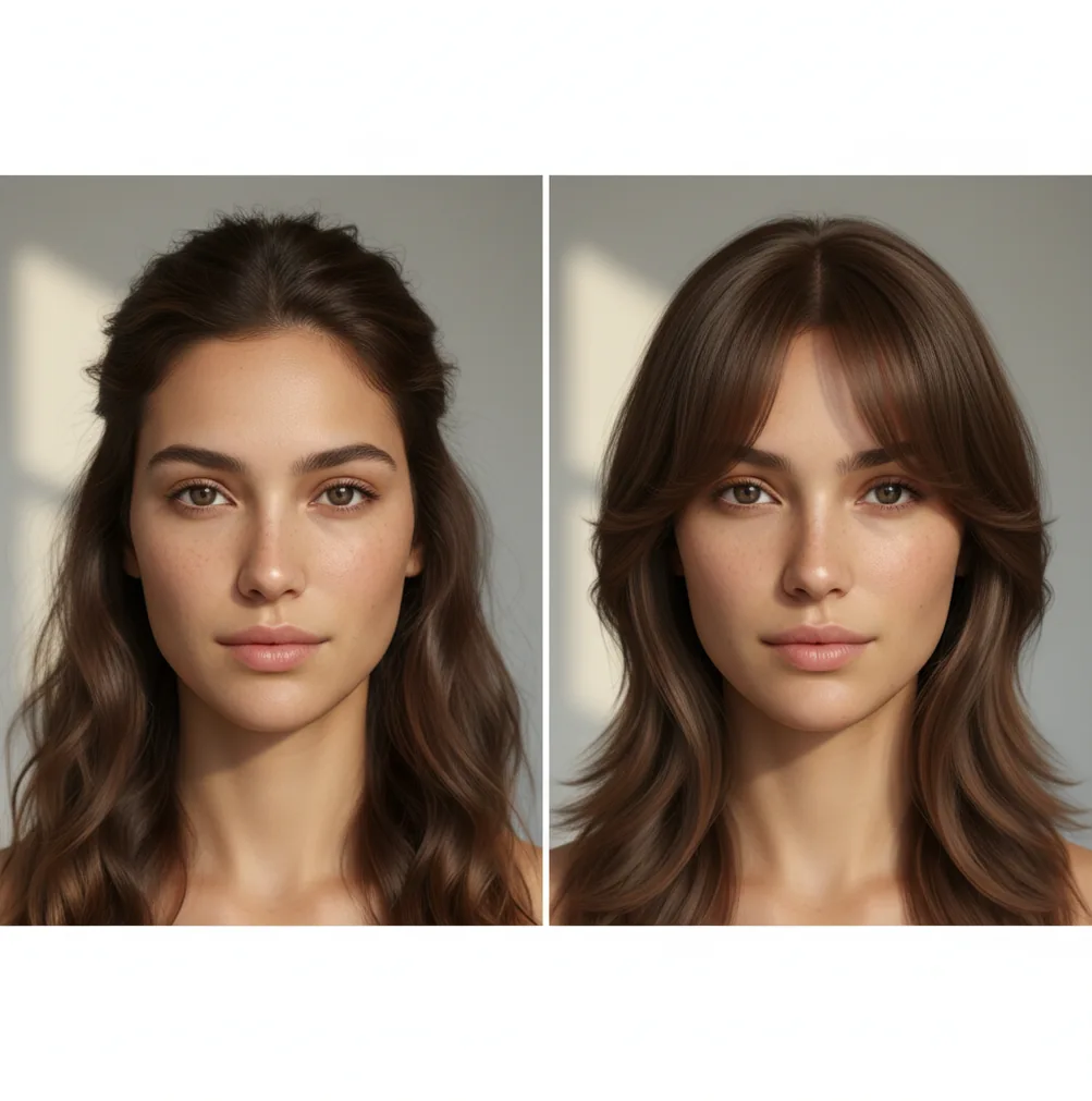 Before and after selfie showing a bangs filter try-on with curtain bangs and natural blending.