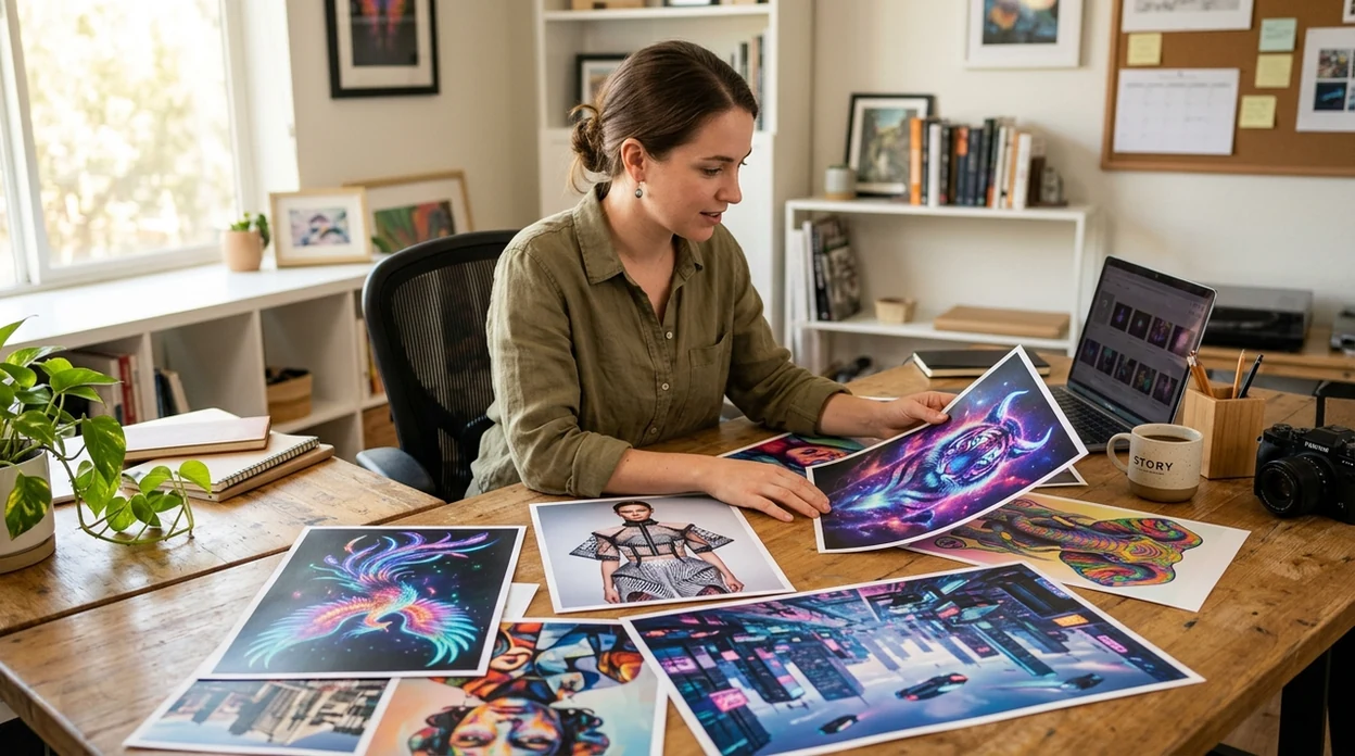 AI art prints displayed on a modern creator workspace