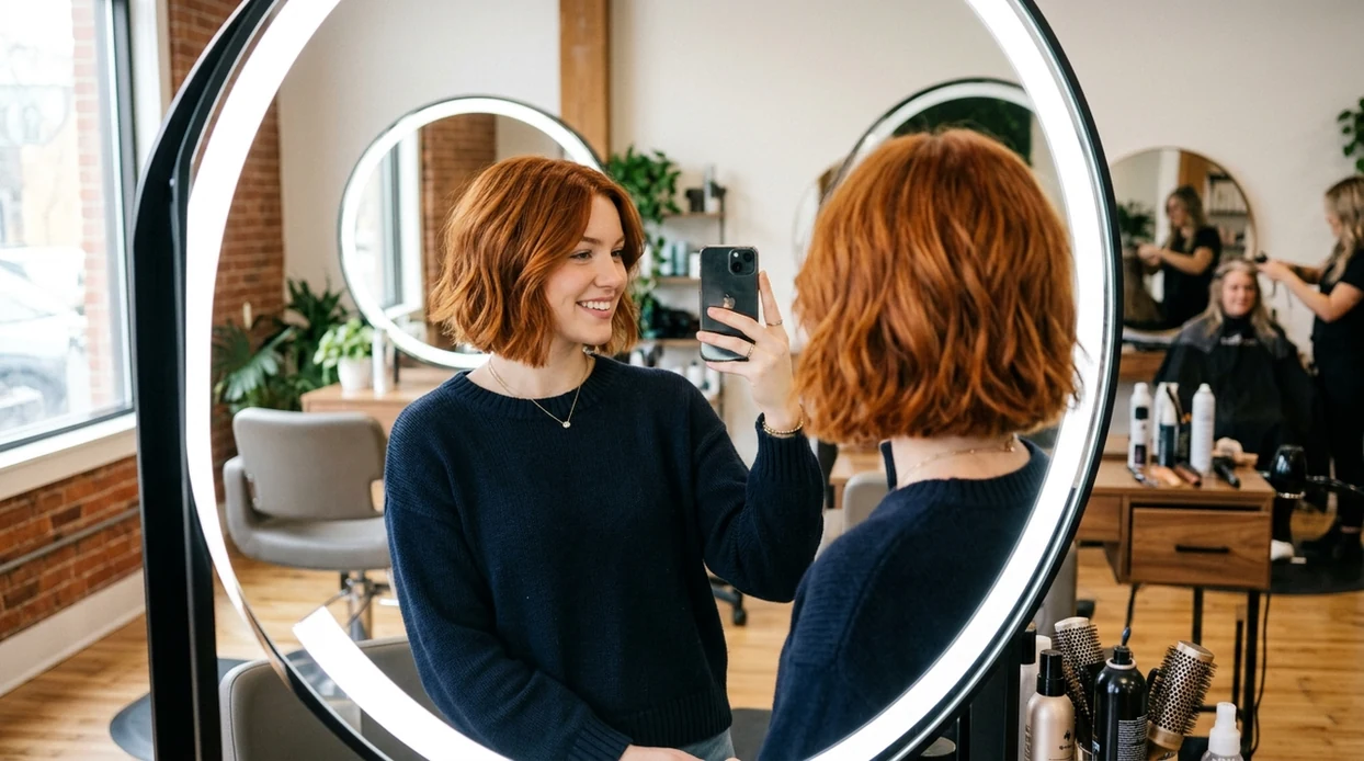 Person comparing a copper bob hairstyle preview before a salon visit