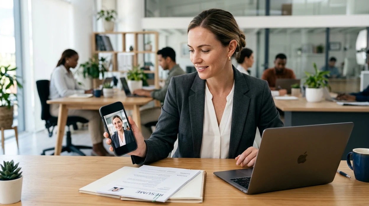 AI headshot result shown beside resume materials on a desk