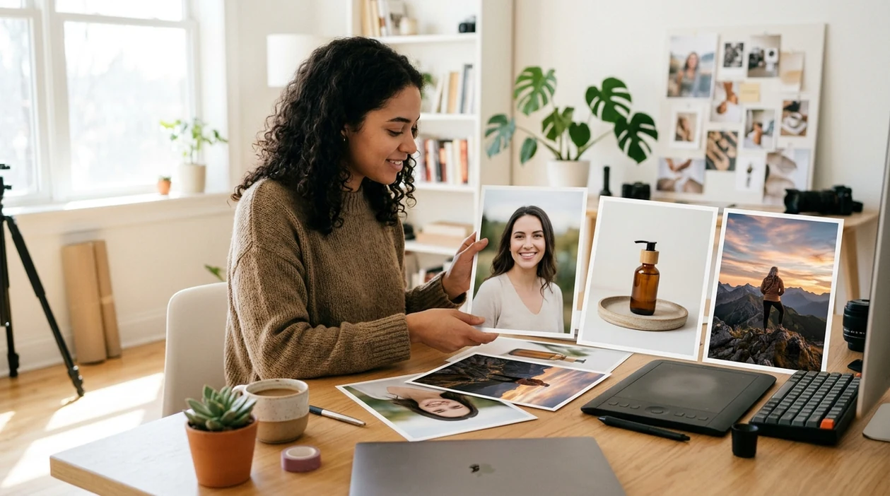 Finished AI-edited photos arranged as portrait and product examples