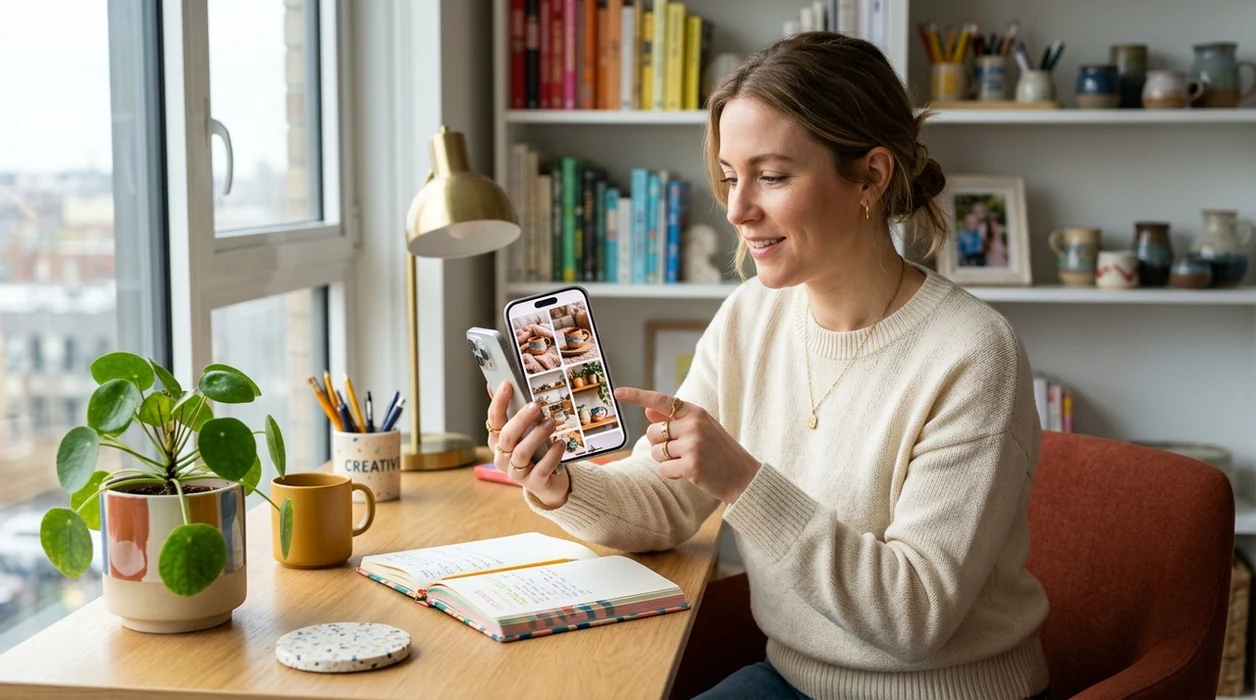 Small business owner reviewing AI product image results on iPhone