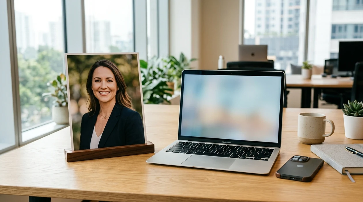 professional LinkedIn profile photo result shown in a modern workspace