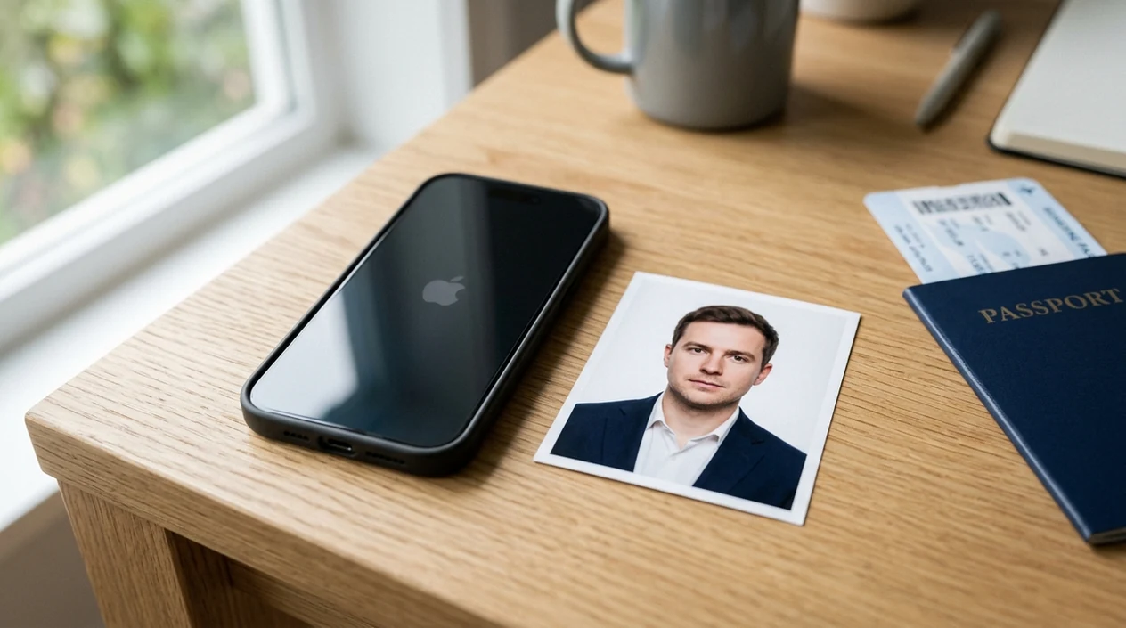 iPhone passport-style photo result beside travel documents