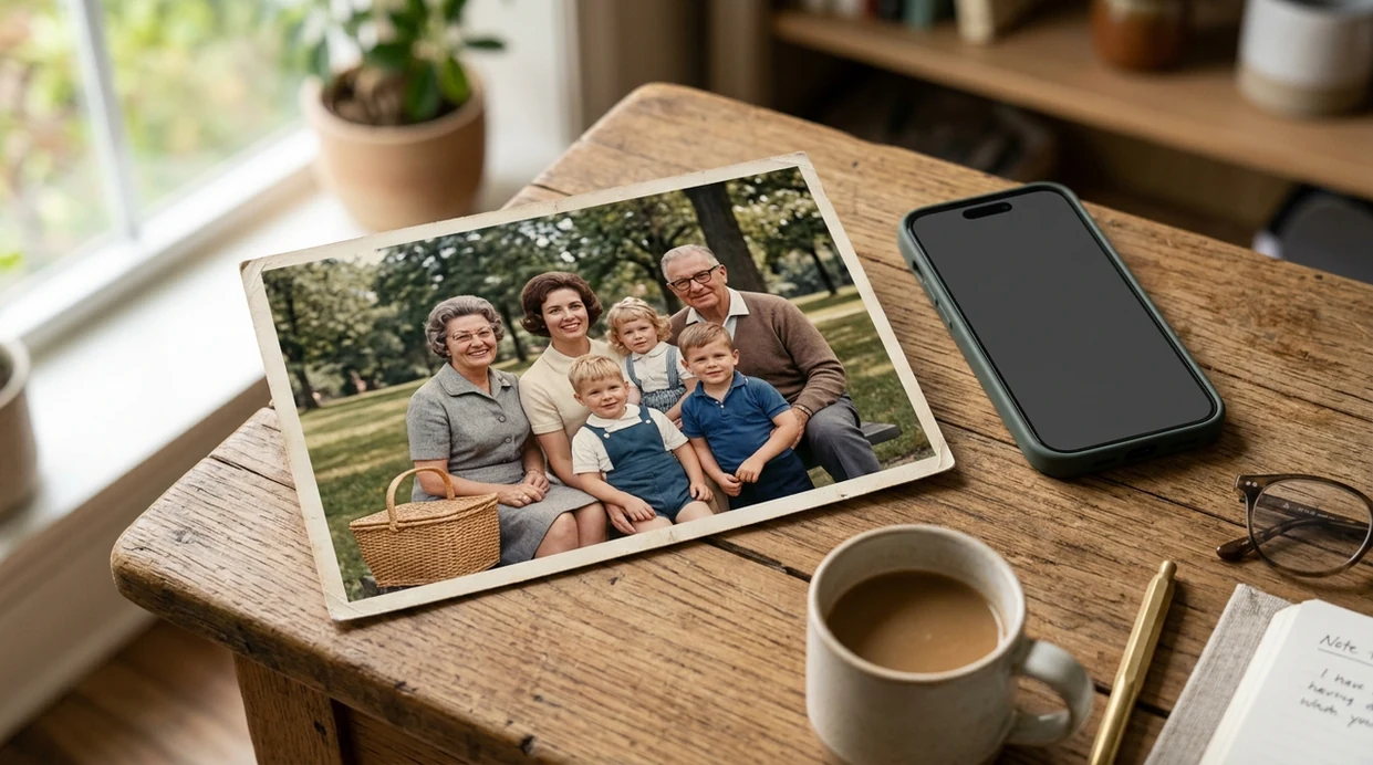 restored family photo with sharper faces and cleaner vintage detail
