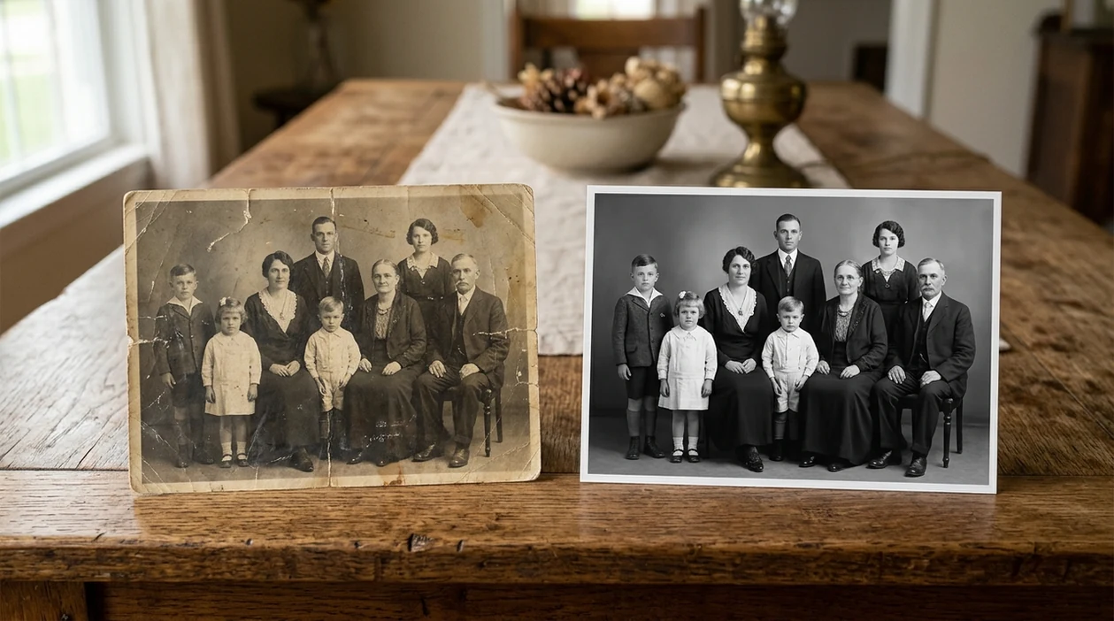 best ai photo restoration showing a clean restored family portrait