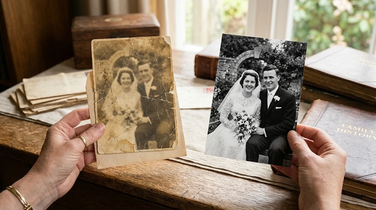 restored vintage wedding photo beside the original faded print