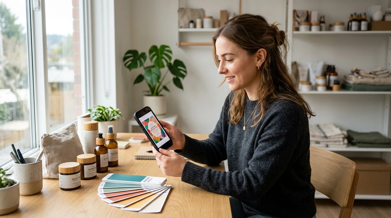 small business owner reviewing an AI promotional poster on iPhone