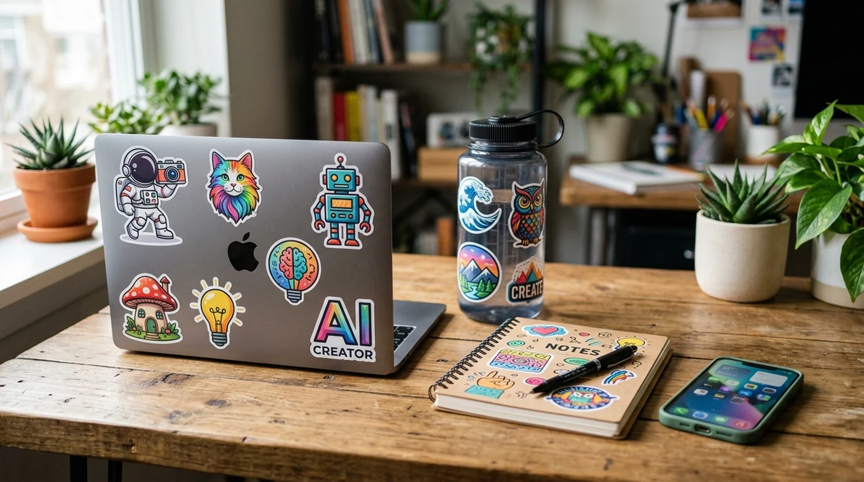 custom AI sticker results on laptop, bottle, and notebook