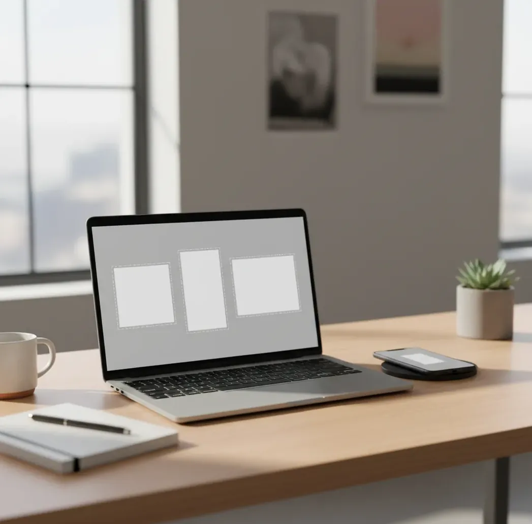 Phone screen mockups showing square, vertical, and wide AI artwork layouts on a desk