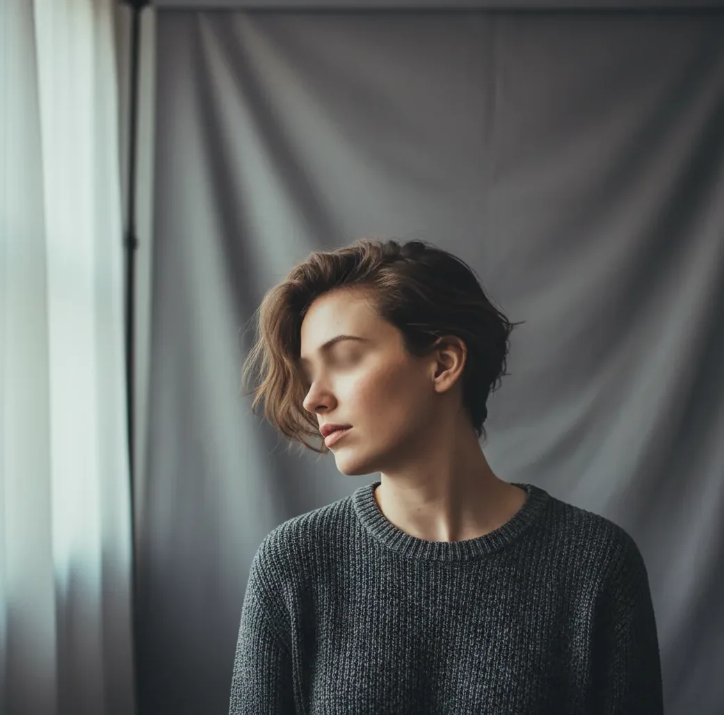 Studio-style headshot framing with soft window light, plain backdrop, and natural skin texture.