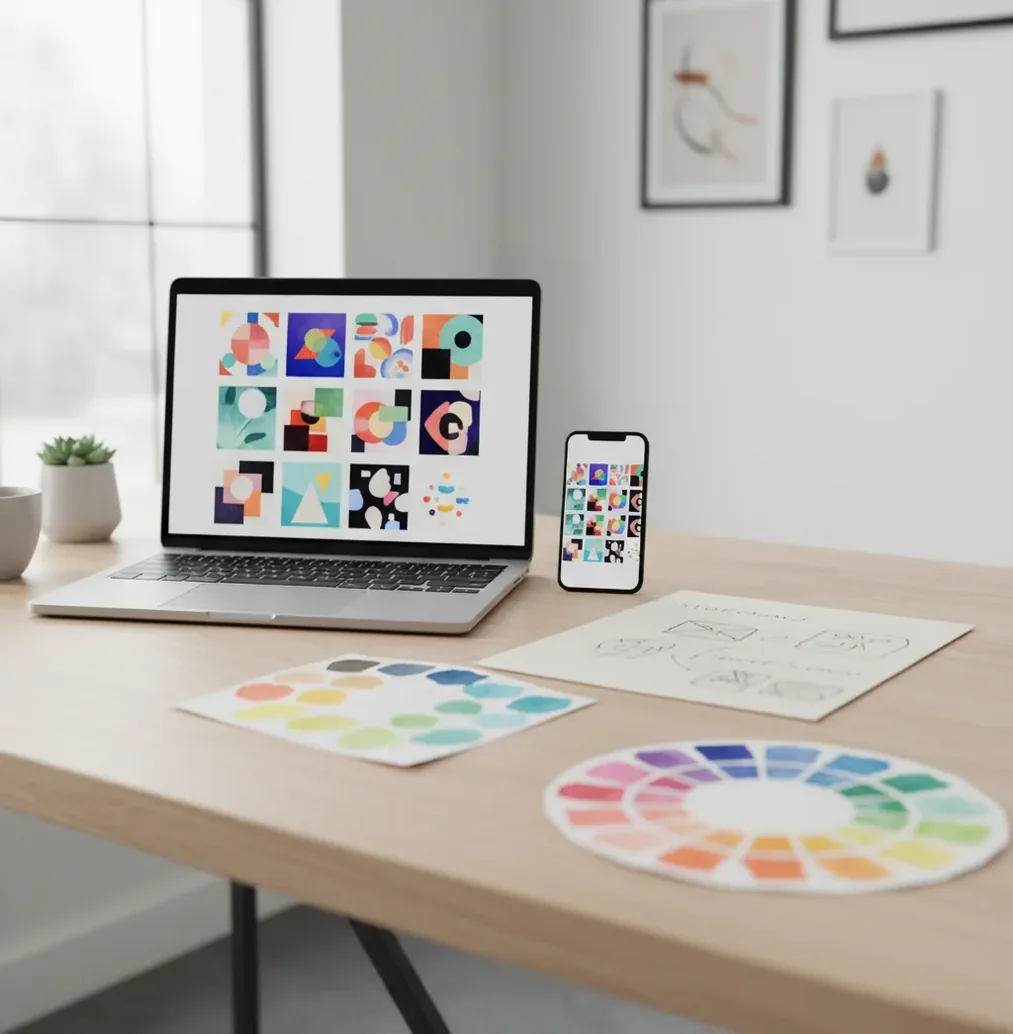 Creator desk with storyboard, phone, and AI-generated thumbnails in multiple aspect ratios