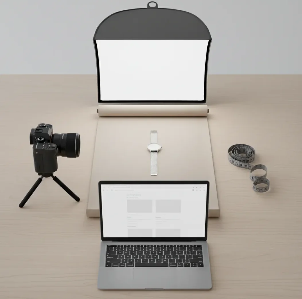 Seller editing a product photo for a Shopify listing beside a lightbox setup