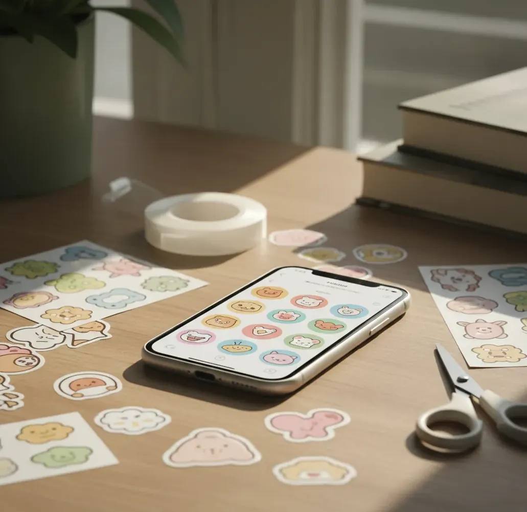 A phone chat screen with cute AI sticker cutouts on a desk, soft studio lighting