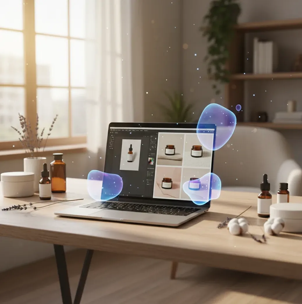 Small business owner editing product photos and ad creatives on a laptop at a workbench