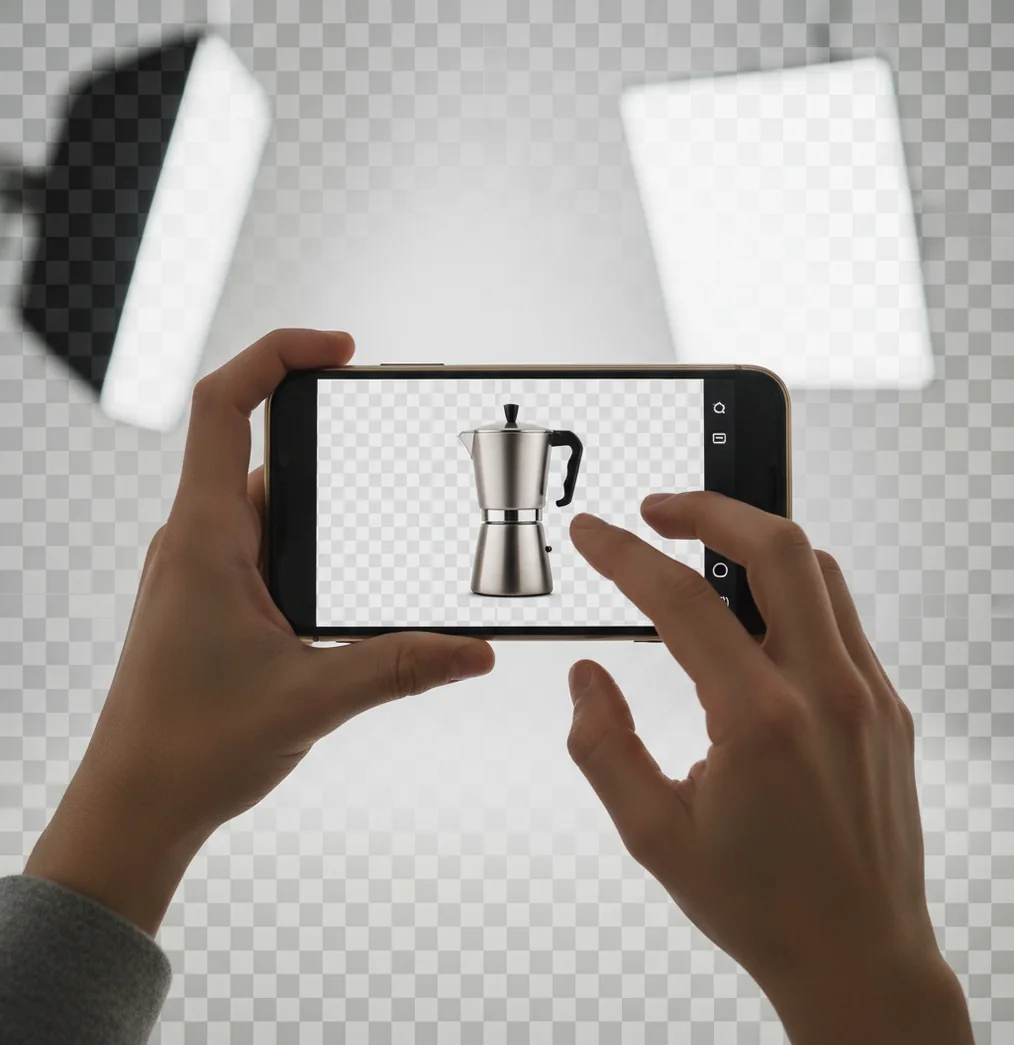 Hand holding a product photo as the background cleanly fades to transparent edges