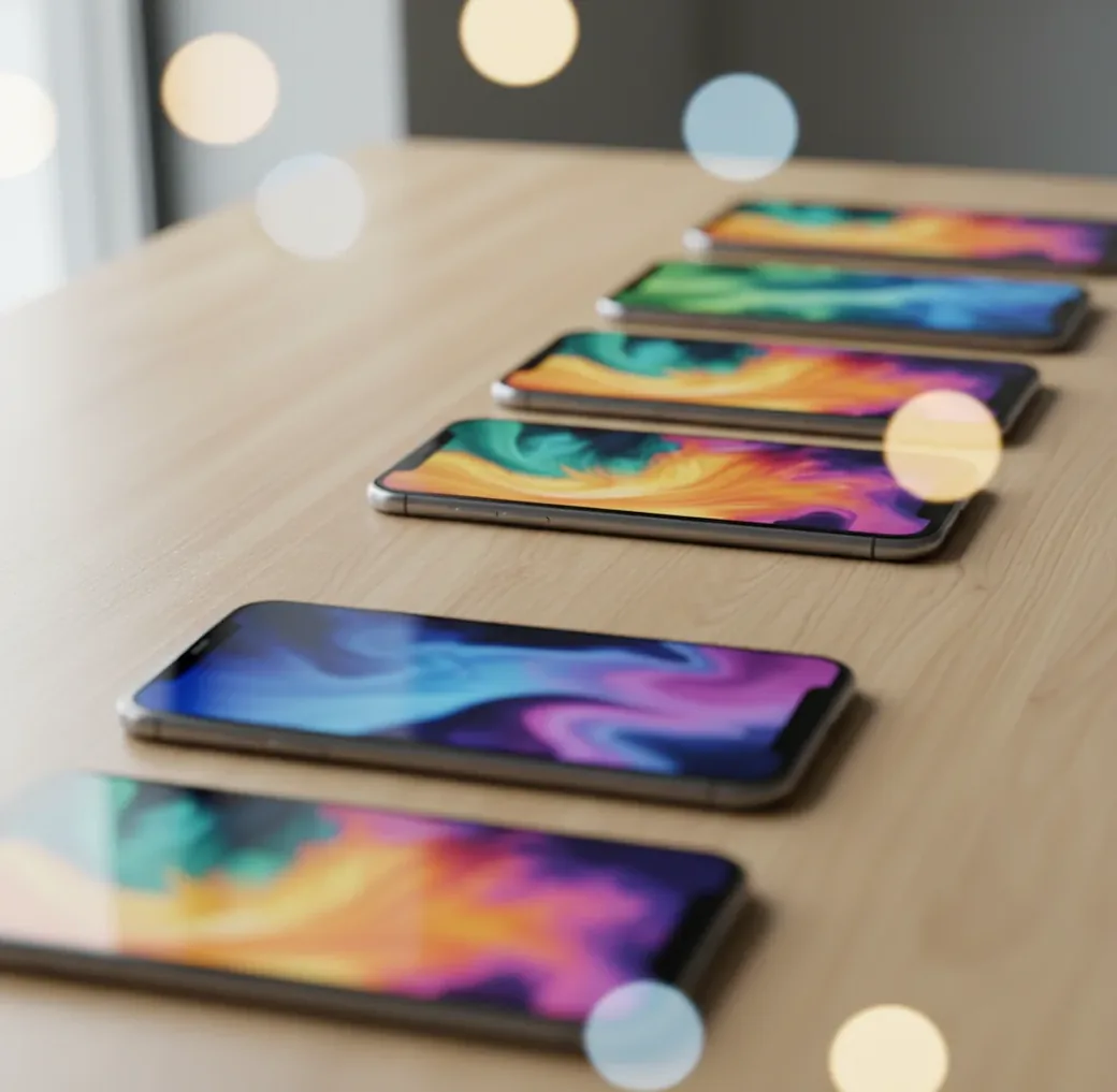 A hand holding an iPhone showing abstract AI wallpaper variations in soft light