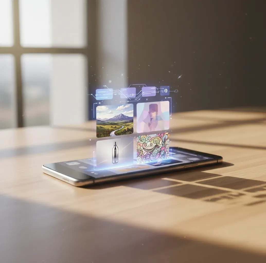 A phone showing a text prompt transforming into multiple image styles on screen