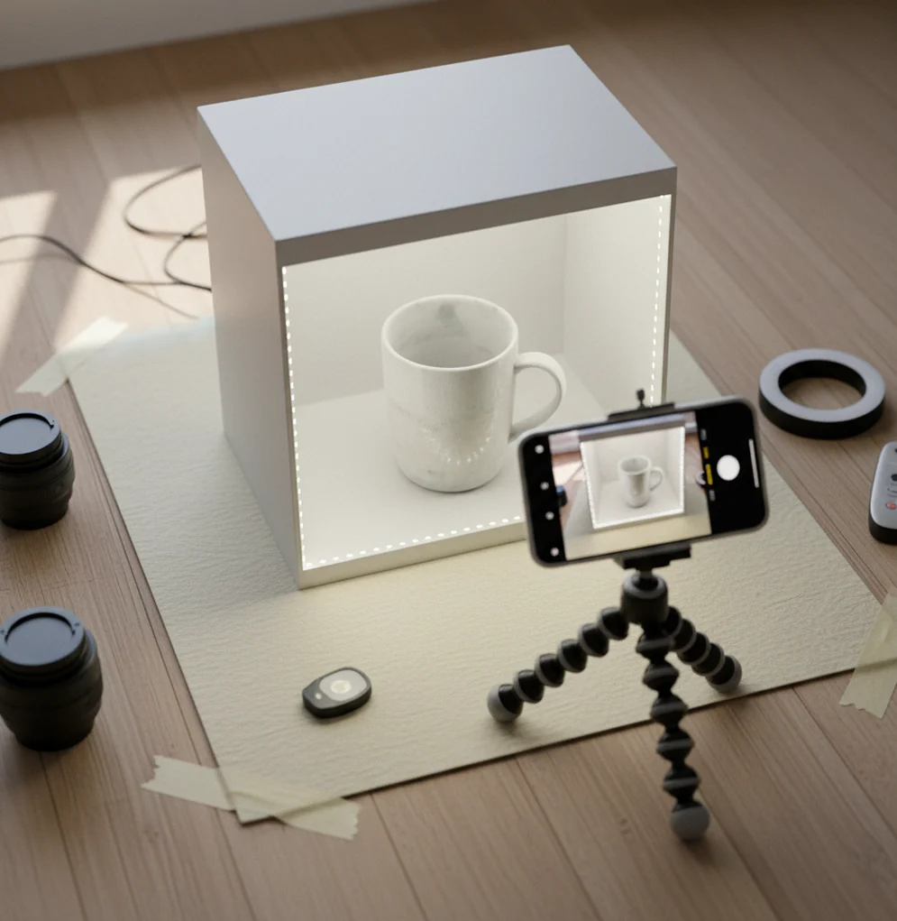 Hand holding a small ceramic mug on a table with editing tools and clean backdrop.