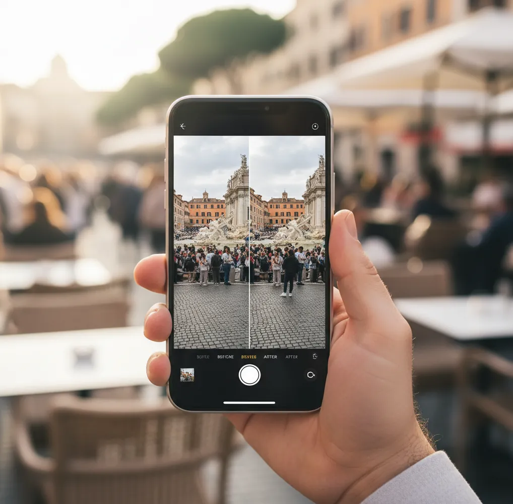 Hand holding phone while removing a background tourist from a street photo using AI editing