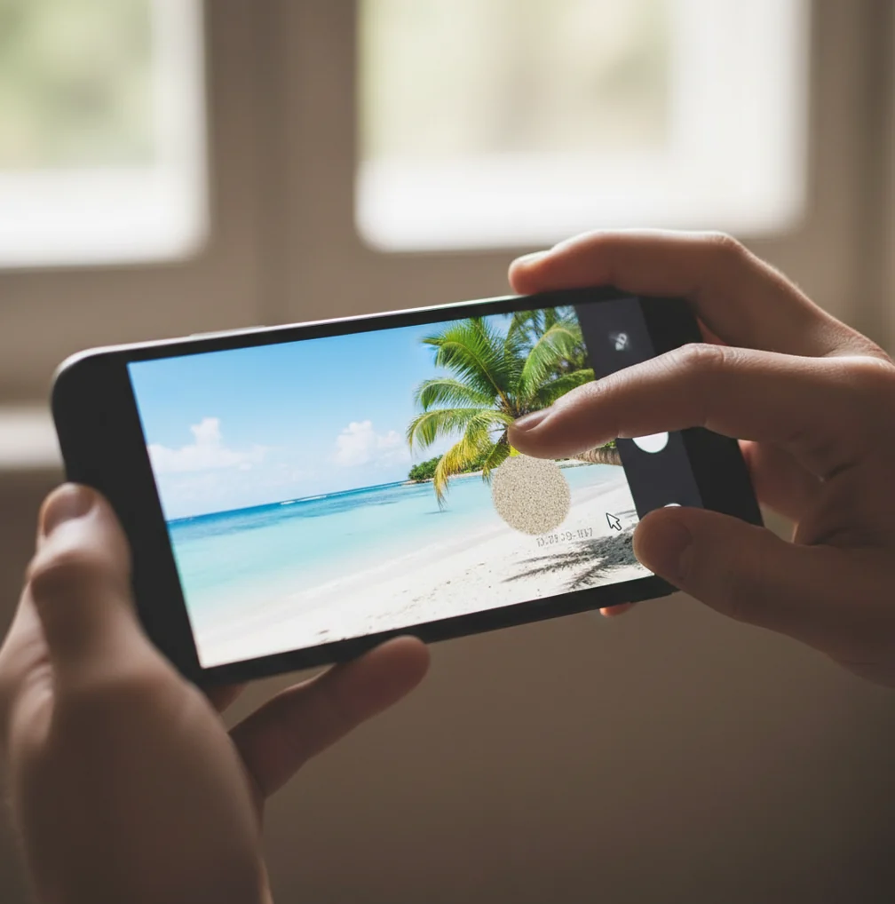 Phone screen showing photo cleanup removing a date stamp from a beach snapshot