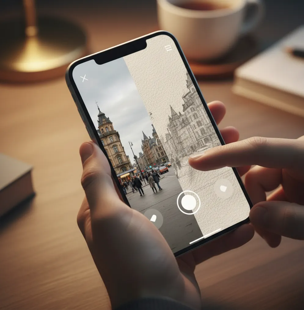 Phone editing a street photo into a pencil sketch with visible graphite texture