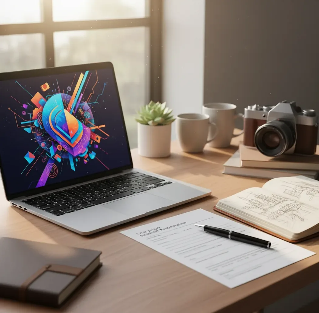 Laptop showing an AI image and a paper copyright form beside a camera and sketchbook