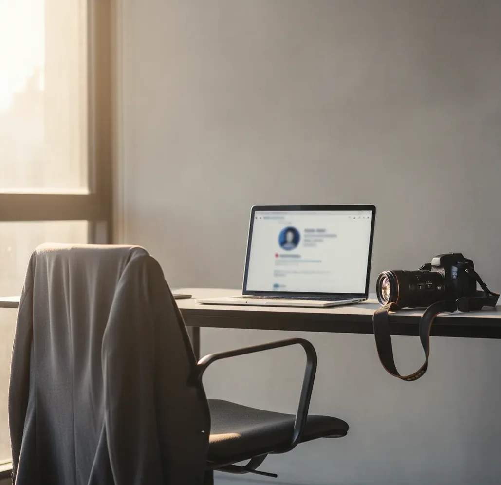 Professional headshot setup with neutral background, soft window light, and blazer on a chair