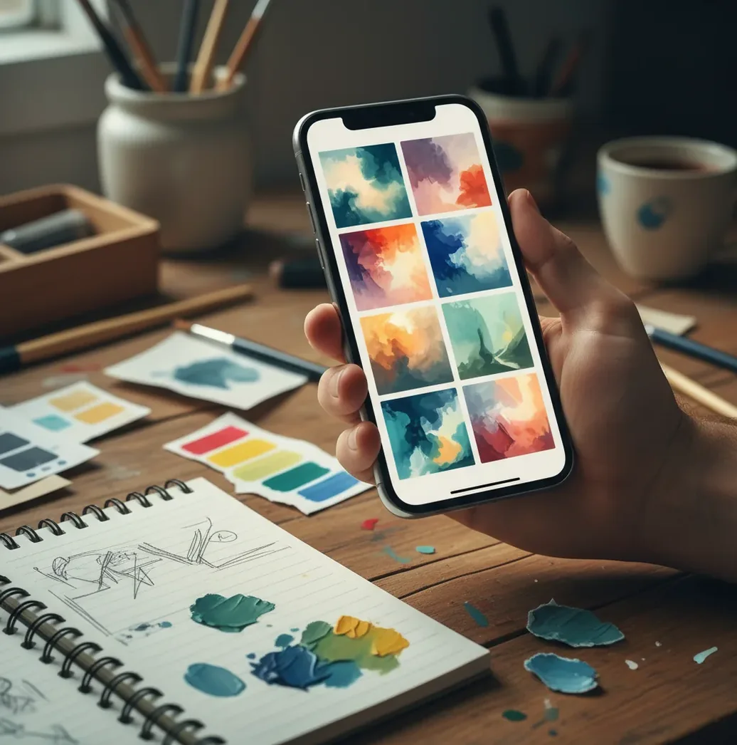 Person generating AI art on a phone, comparing styles and adjusting prompt settings