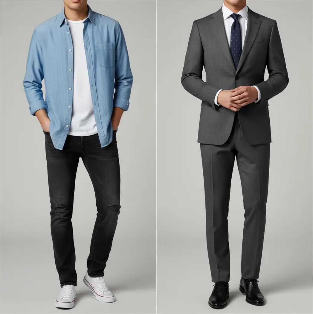 Before-and-after outfit swap on a model photo, showing realistic fabric folds and shadows