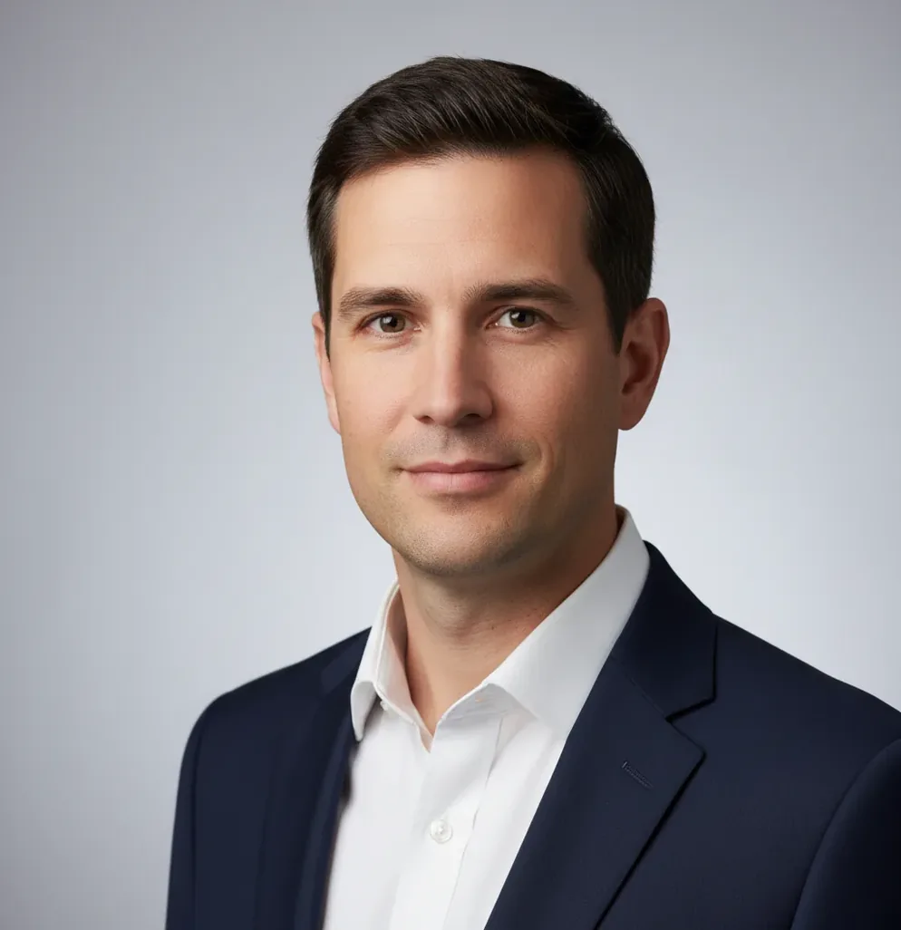 Clean studio-style AI headshot preview with natural skin texture and soft background blur