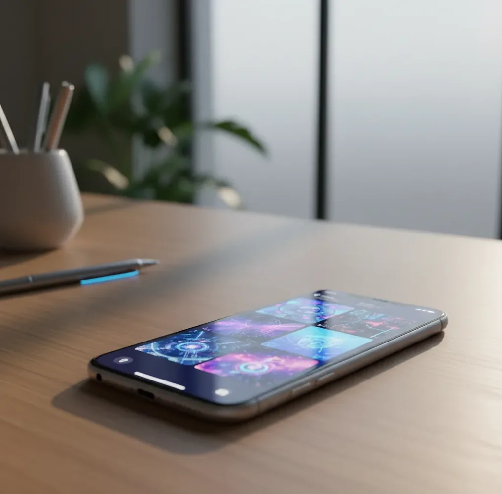 A hand holding an iPhone generating a surreal landscape image from a short text prompt