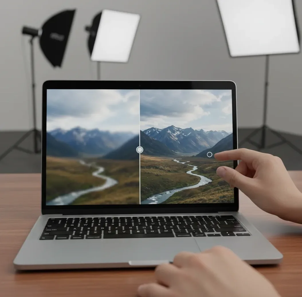 Side-by-side view of a low-res photo and a sharper upscaled version on a laptop.