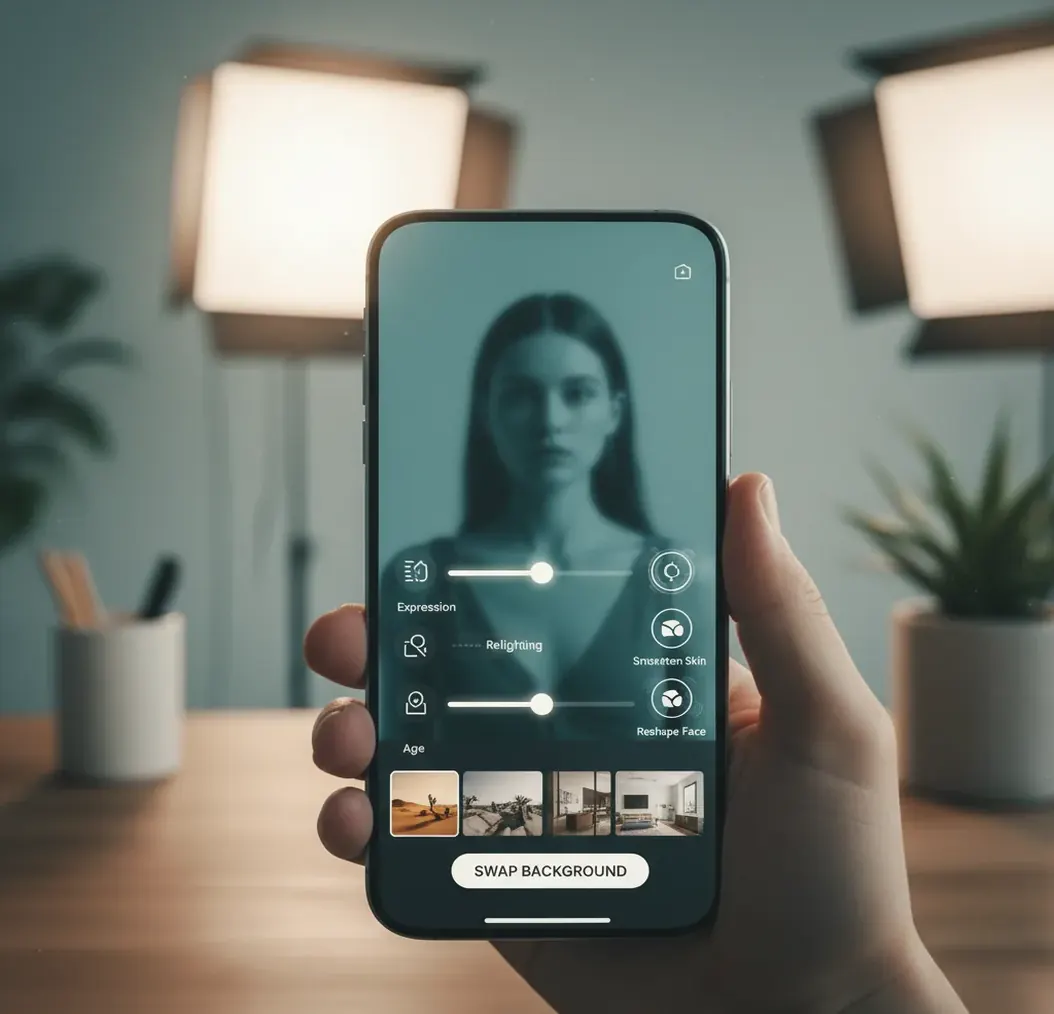 Phone editing a portrait photo with AI lighting and background changes on-screen