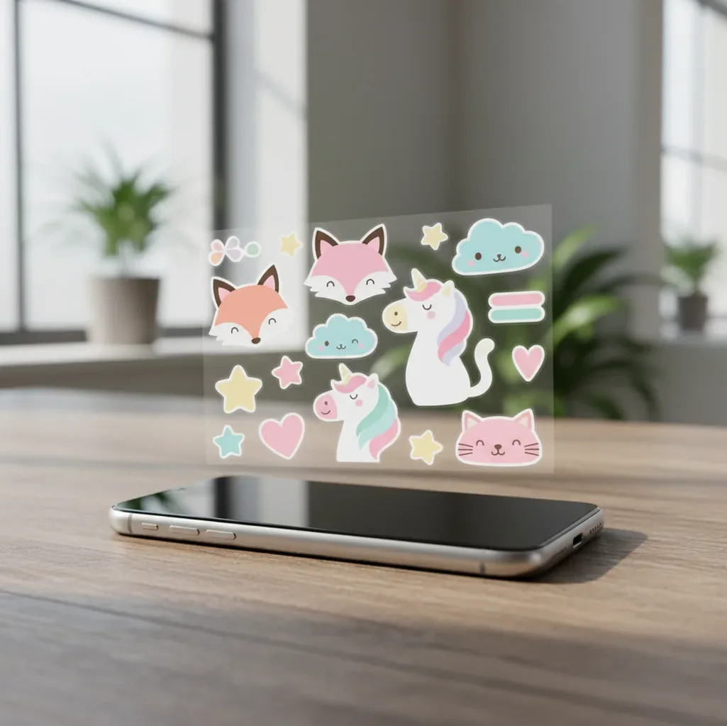 Phone screen showing cute AI stickers with transparent backgrounds on a chat app preview